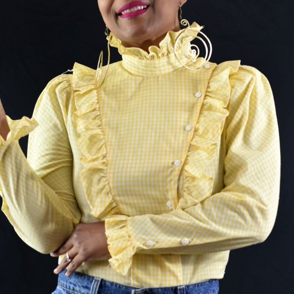 Vintage Tops - Vintage Victorian Shirt Plaid Bib Ruffle Top Small